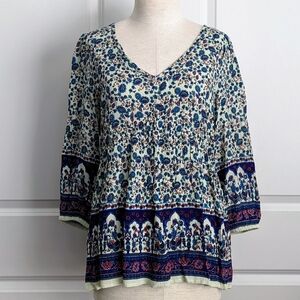 BILA Blouse Boho Floral Print V-Neck 3/4 Length Sleeves Blue Multi S NWT